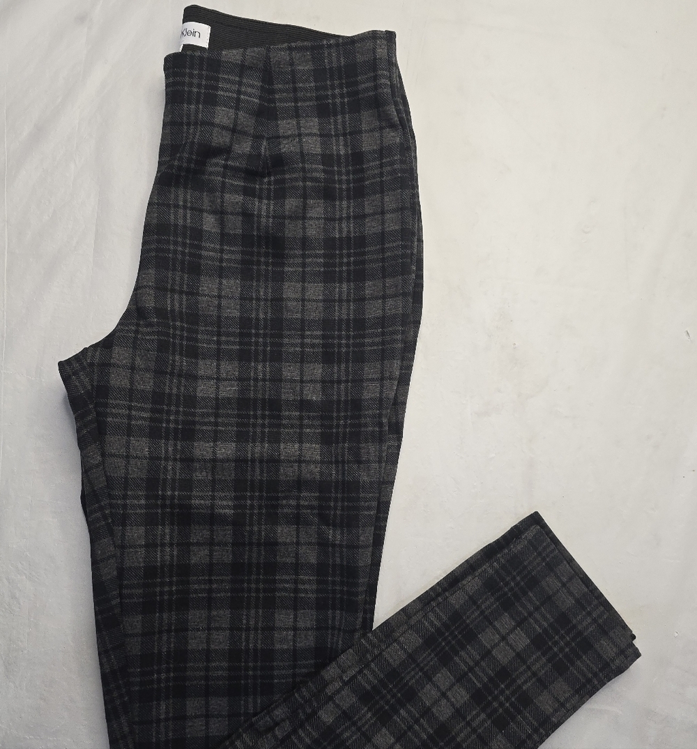 Calvin Klein Pull On Pants Gray Black Dark Academia Slim Stretch Plaid Pants 4
